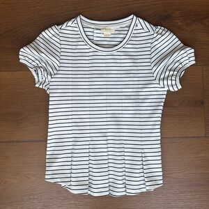 Maeve by Anthropology Navy and White Striped Blouse with cap sleeve and pleated
